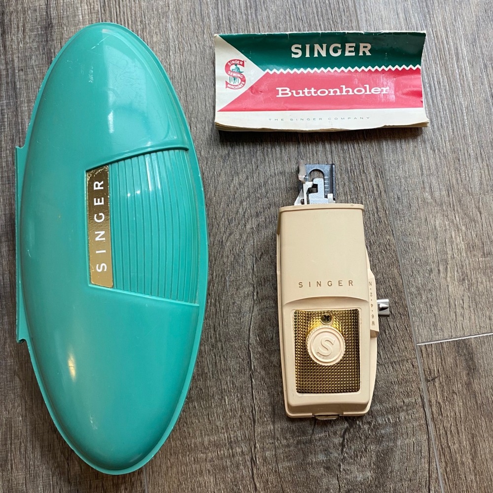 Vintage Singer Buttonholer Attachment Turquoise Case and Manual 1950s MCM